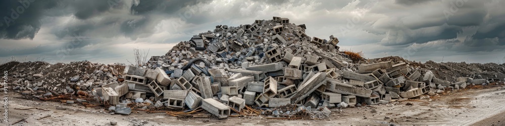 Piled concrete debris in a vineyard with a cloudy sky, large accumulation of concrete fragments, and stacked concrete blocks on mounds. Piled concrete debris in a vineyard with a cloudy sky, large accumulation of concrete fragments, and stacked concrete blocks on mounds.