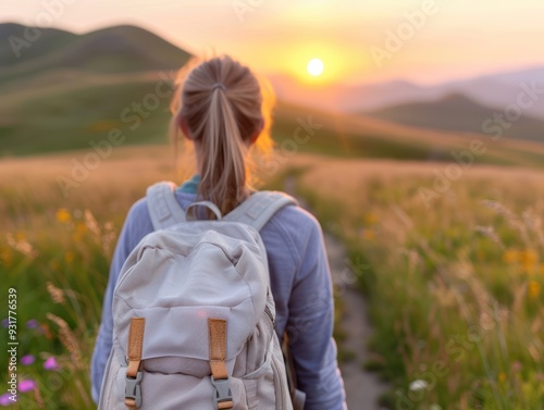Hiking at dawn, showcasing the beauty of nature and early starts focus on dawn adventure whimsical Fusion sunrise backdrop