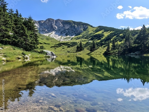 mountain landscape with lake and mountains