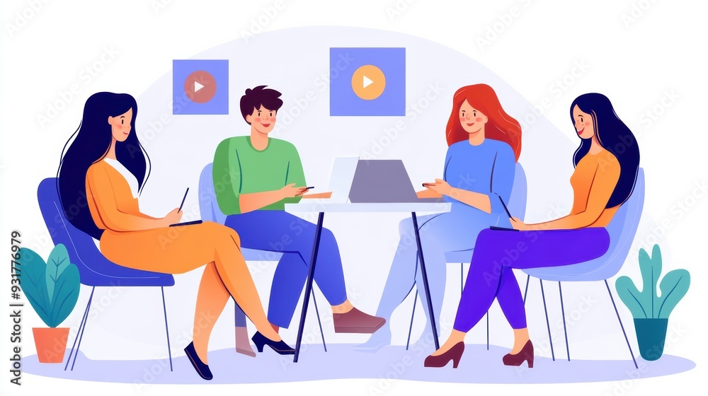 Three people sitting at a table with laptops and cell phones, AI