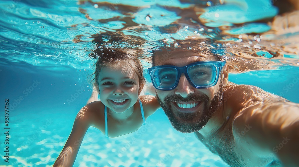 Naklejka premium Father & daughter swimming underwater in a pool on summer vacation. Googles water action shot. Happy family on holiday. Learning to swim. Blue Father's day banner concept 