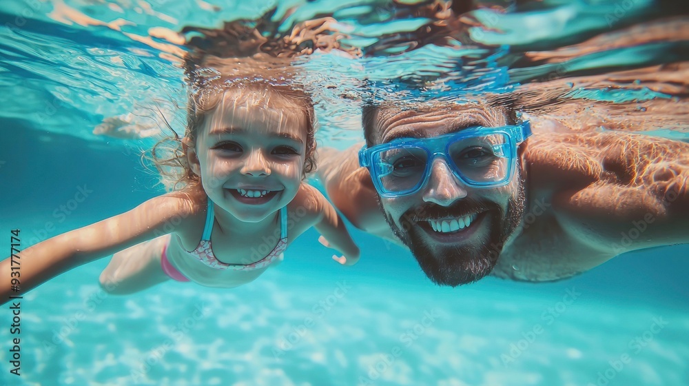Naklejka premium Father & daughter swimming underwater in a pool on summer vacation. Googles water action shot. Happy family on holiday. Learning to swim. Blue Father's day banner concept 
