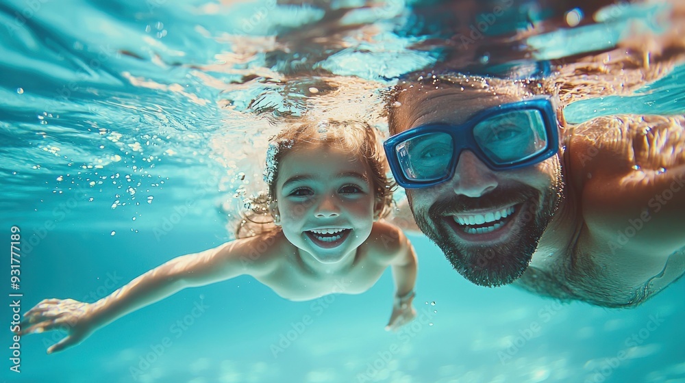 Fototapeta premium Father & daughter swimming underwater in a pool on summer vacation. Googles water action shot. Happy family on holiday. Learning to swim. Blue Father's day banner concept 