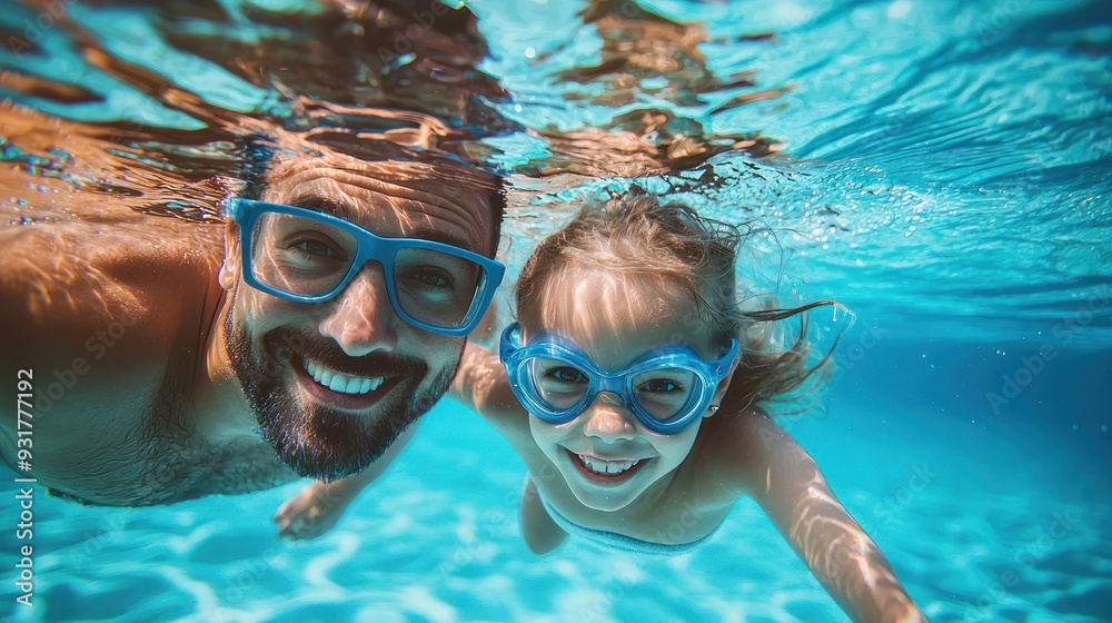 Naklejka premium Father & daughter swimming underwater in a pool on summer vacation. Googles water action shot. Happy family on holiday. Learning to swim. Blue Father's day banner concept