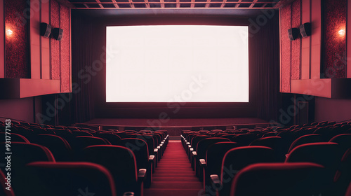 Empty movie theater with red color theme and a wide blank screen in the middle. rows of seats, dimly lit.