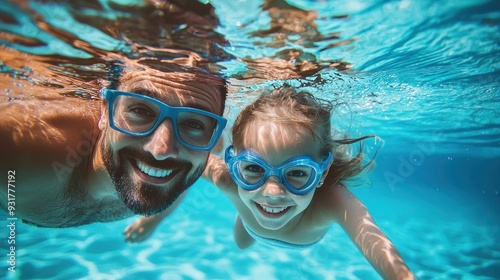 Father & daughter swimming underwater in a pool on summer vacation. Googles water action shot. Happy family on holiday. Learning to swim. Blue Father's day banner concept 