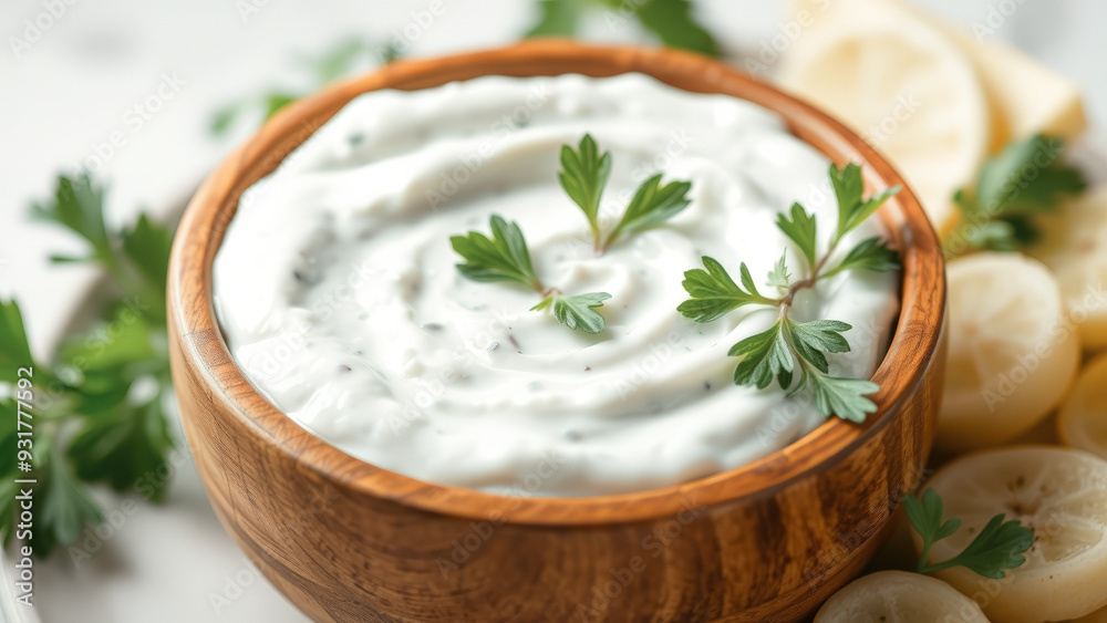 Close-up of creamy yogurt dip in a wooden bowl with fresh parsley garnish Close-up of creamy yogurt dip in a wooden bowl with fresh parsley garnish