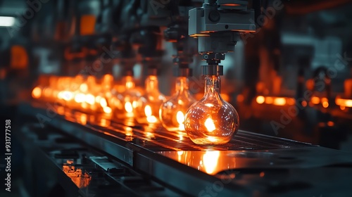 Lightbulbs on a production line with robotic arms.