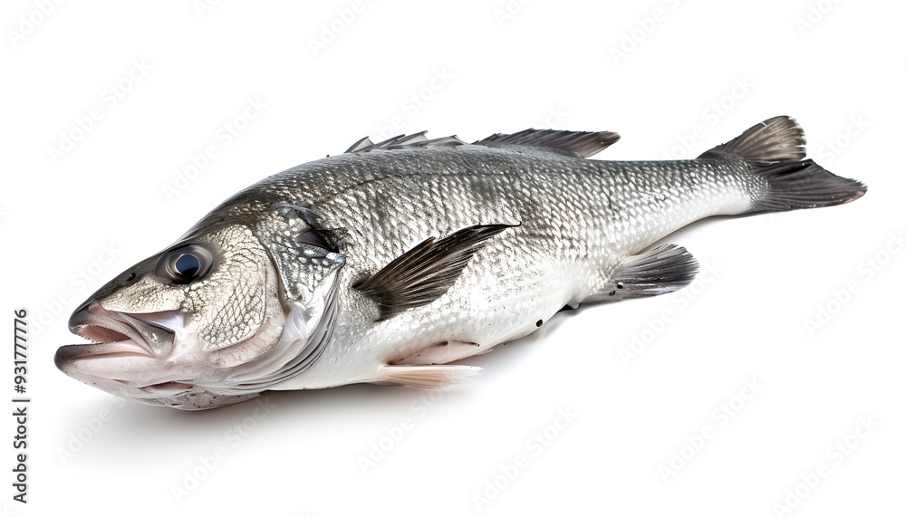 Fototapeta premium Raw seabass. One fresh sea bass fish isolated on white background with clipping path