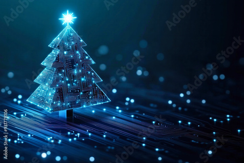 Digital Christmas tree illuminated with blue lights on a dark background during the holiday season