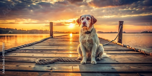 vintage-inspired portrait of clifford sitting on old pier with distressed wooden planks and ropes under warm golden hour light photo