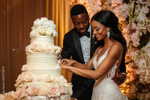 Black Newlyweds cutting wedding cake on their wedding day, wedding cake 