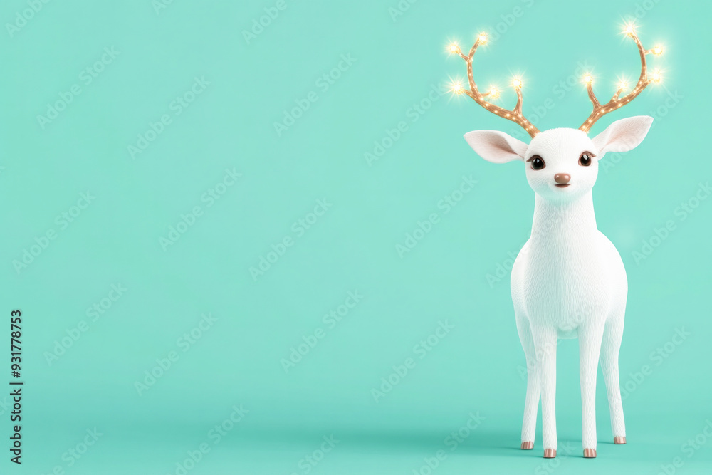 A whimsical white deer with glowing antlers stands against a mint green background, exuding a festive spirit during the holiday season A whimsical white deer with glowing antlers stands against a mint green background, exuding a festive spirit during the holiday season
