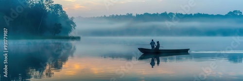 Fishermen quietly navigate their boat through a tranquil mist-covered lake at dawn, surrounded by lush greenery and a soft, golden light. Generative AI