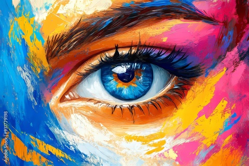 This vibrant, colorful close-up of an eye displays artistic expression and emotion.