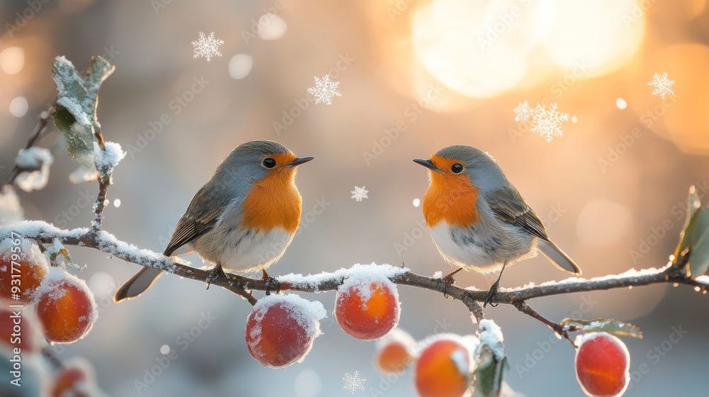 two little birds standing on a branch of an open plum tree, with snowflakes in the background, winter two little birds standing on a branch of an open plum tree, with snowflakes in the background, winter