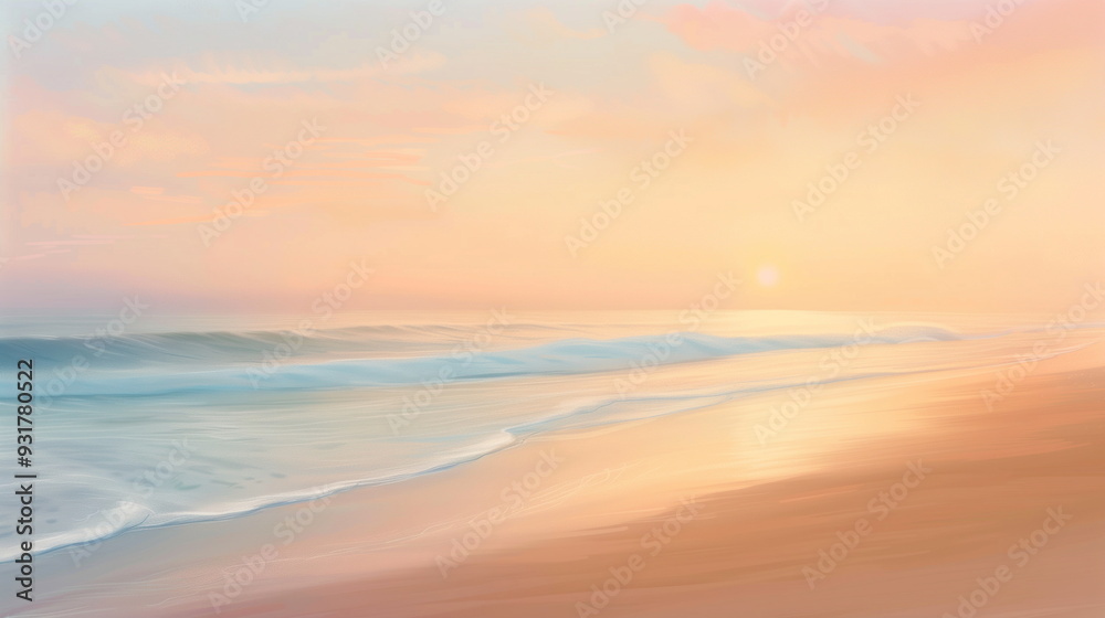 Obraz premium Serene Beach Sunrise Digital Art with Gentle Waves and Soft Pastel Colors for Tranquil Coastal Scenes and Landscapes in Contemporary Design