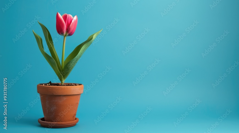 Obraz premium Red tulip in a brown pot on a blue background.