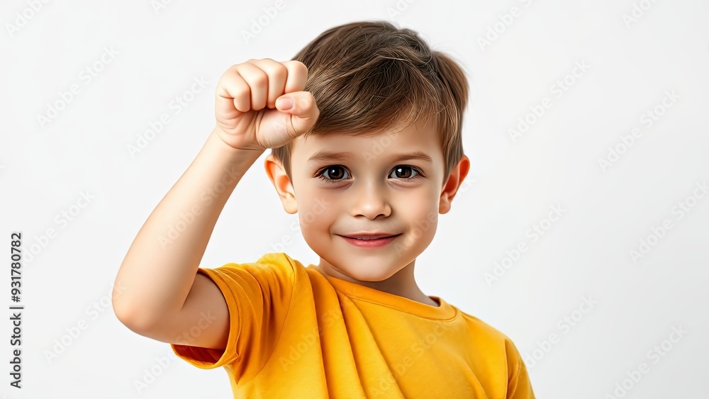 smiling European American boy showing gesture of unity, victory, struggle, wearing yellow t-short isolated on white background smiling European American boy showing gesture of unity, victory, struggle, wearing yellow t-short isolated on white background