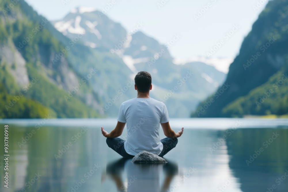 Person meditating by a lake, meditation, mindfulness Person meditating by a lake, meditation, mindfulness