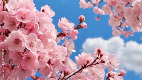 Soft pink cherry blossoms under a blue sky, serene and beautiful.