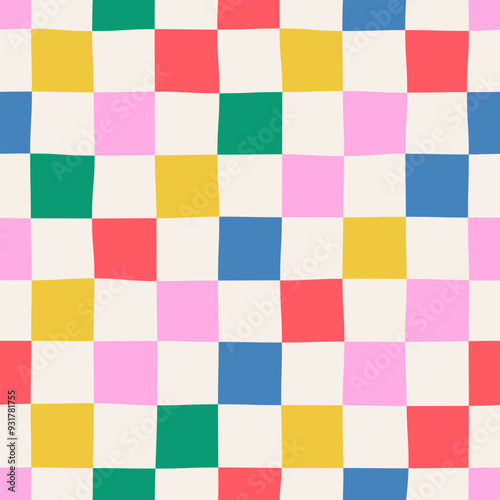 Seamless abstract colorful checkered multi-colored chess pattern on a light background, hand-drawn vector illustration, flat style