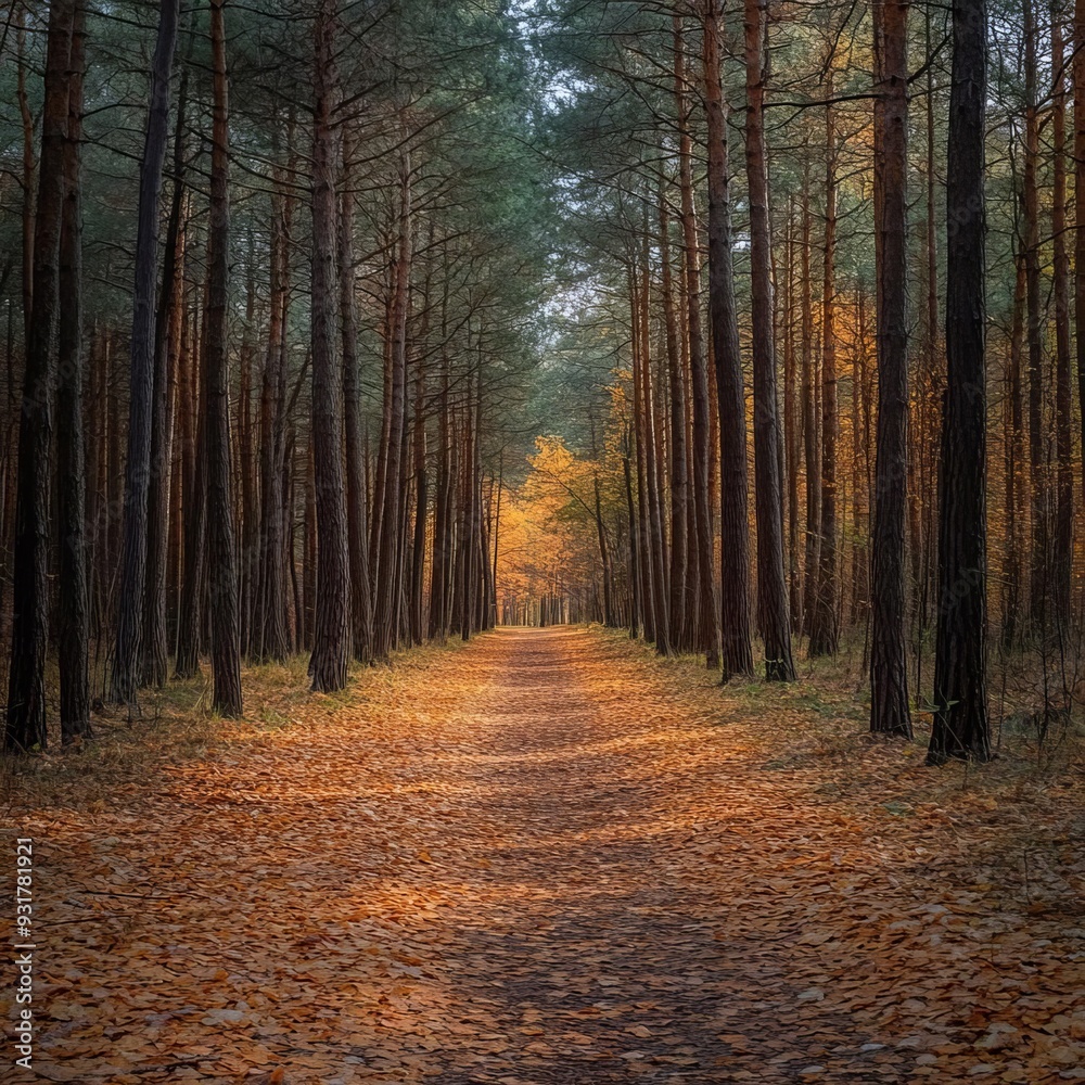 Obraz premium Autumnal ambiance on a forest road carpeted with fallen pine needles