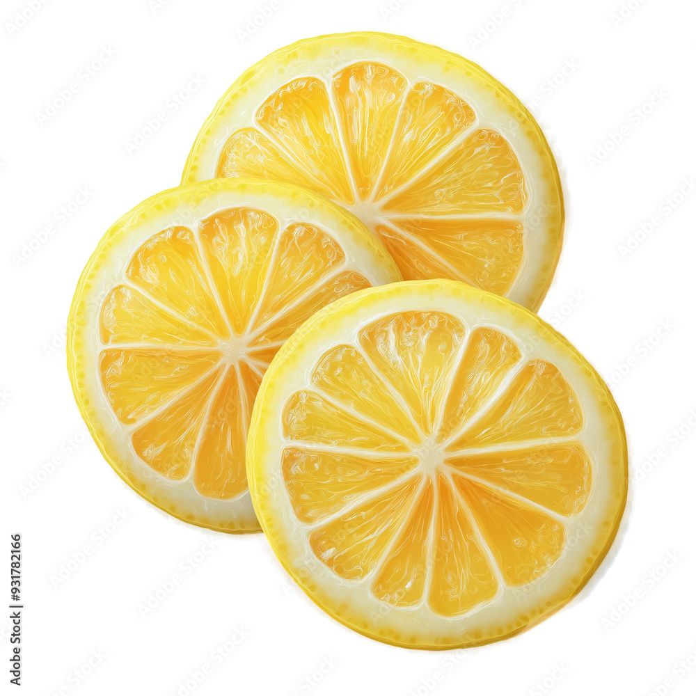 Three vibrant lemon slices on the transparent background. The slices are arranged in a way that partially overlaps, creating a sense of depth and dimension. Three vibrant lemon slices on the transparent background. The slices are arranged in a way that partially overlaps, creating a sense of depth and dimension.