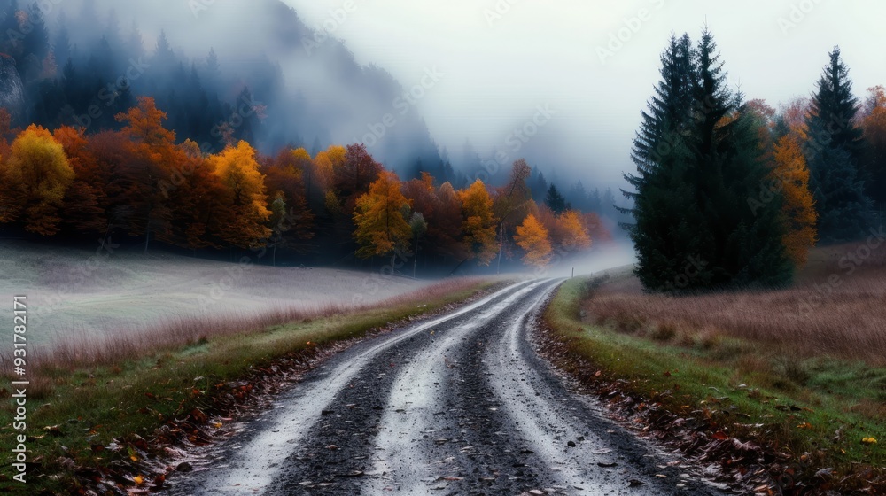 Fototapeta premium rainy days, fall foliage, forest paths, mountain views
