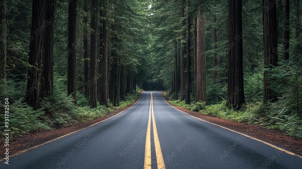 Autumnal journey through a rural landscape, where a winding asphalt road cuts through a canopy of vibrant green trees, offering a scenic drive amidst nature's beauty Autumnal journey through a rural landscape, where a winding asphalt road cuts through a canopy of vibrant green trees, offering a scenic drive amidst nature's beauty