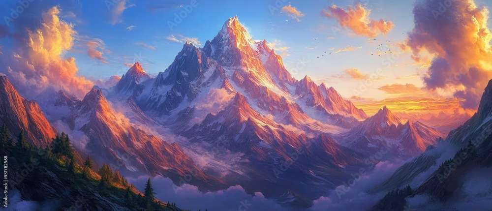 Grand mountain range with towering summits and expansive views, highlighted by the vibrant colors of sunset, showcasing the majesty of the peaks Grand mountain range with towering summits and expansive views, highlighted by the vibrant colors of sunset, showcasing the majesty of the peaks