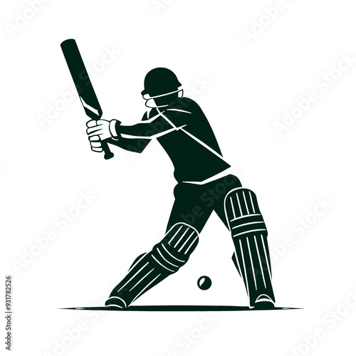 Minimalist vector illustration of cricket player mid-swing in dynamic pose, simple clean lines, silhouette focus, basic shapes, single-color palette black or dark green on white background