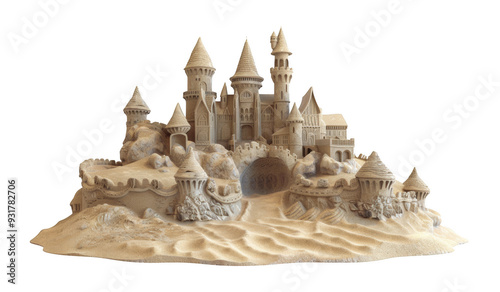 A detailed 3D illustration of a sandcastle built from sand, capturing the creativity and fun of constructing a castle from sand on the beach isolated on transparent background cutout png