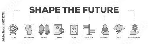 Shape the future icons process structure web banner illustration of the goal, motivation, vision, chance, plan, direction, support, ideas, and development icon png transparent background.