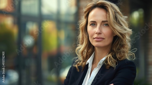 Portrait of middleaged business confident woman in suit posing outdoors : Generative AI