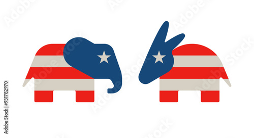 USA election. Republican elephant, Democrat donkey. Iconic symbols of USA, Republican and Democrat parties sign. American political identity, donkey, elephant logo. Vector Illustration.