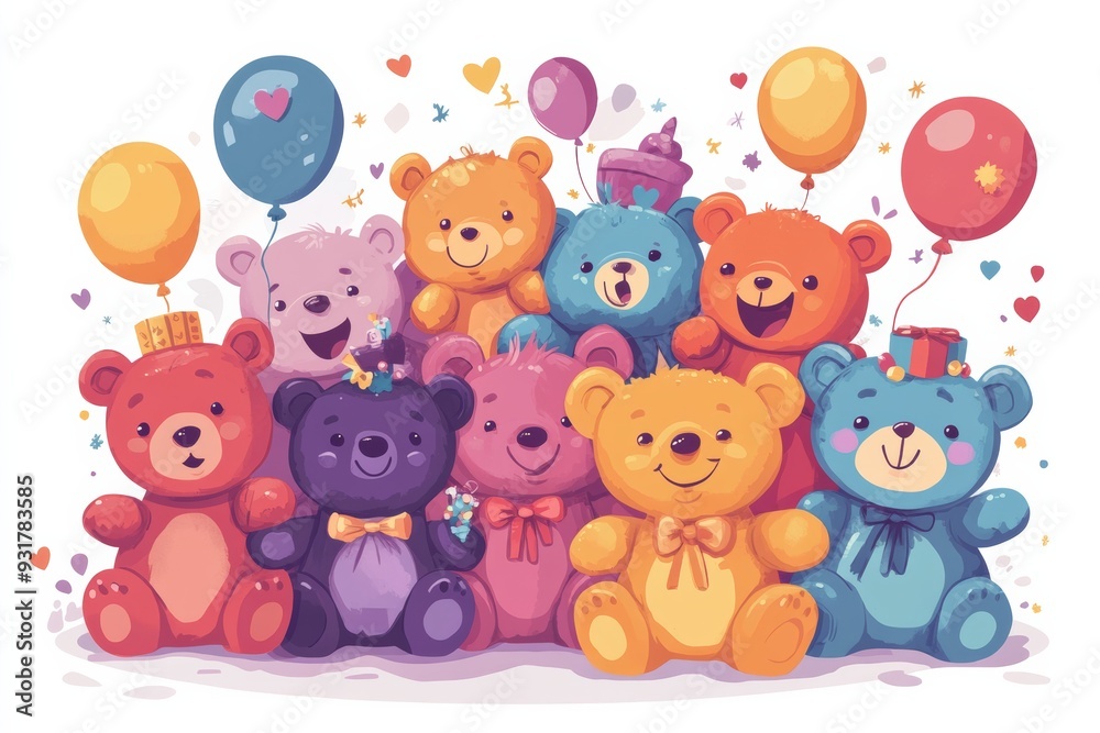 colorful teddy bears, each with unique expressions and accessories, gathered together in a playful arrangement with festive balloons and ribbons celebrating Teddy Bear Day Flat illustration
