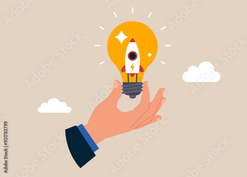 Scientist start up company owner with rocket inside lightbulb idea. Setting up new business, entrepreneurship,  motivation to create new business idea and make it success. Flat vector illustration