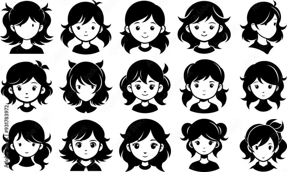 set of cute little girl face silhouette vector set of cute little girl face silhouette vector