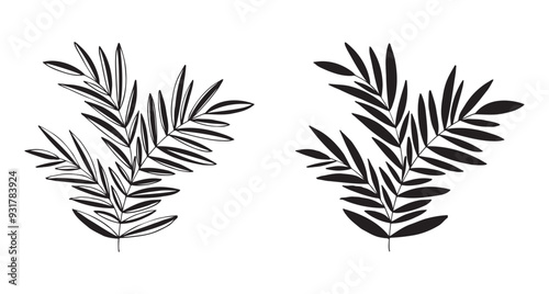 Tree branch with leaves, plant. Decorative Elements for Decoration. Hand drawing doodles of vector vintage botanical elements.  Line art. Botanic outline sketch draw
