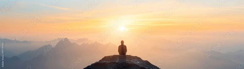 Show a hiker resting at a scenic lookout point with a vast landscape copy space, serene journey, ethereal, Fusion, lookout point backdrop