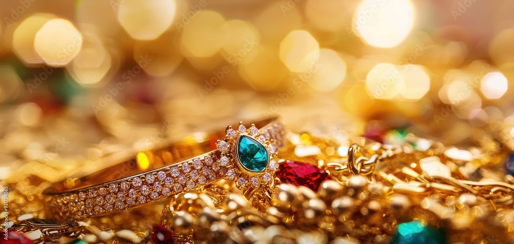 Stunning jewelry featuring a golden bracelet adorned with emerald and ruby stones, glistening on a bed of gold.