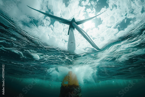 Underwater view beneath a towering wind turbine