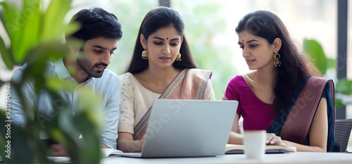 Three Indian office workers, two women and one man, are working on a laptop. The women are wearing saris, and the man is wearing a shirt