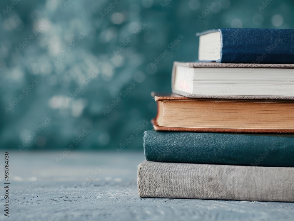 Stack of textbooks on a desk, emphasizing study and knowledge close up academic focus realistic Silhouette study desk backdrop