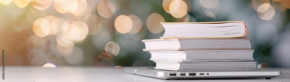 Stack of textbooks with a laptop, textbooks, studying