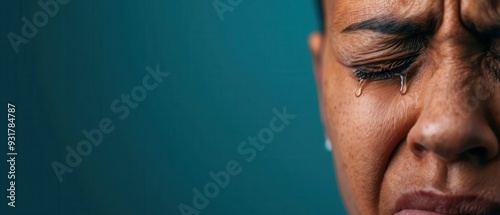 Closeup of a person s face showing deep emotional pain, tears blending with dark shadows, Pain, Emotional Agony