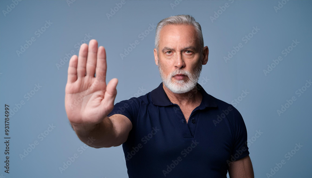 Image of stern, self-assured older man in navy top gesturing to halt on solid backdrop. Image of stern, self-assured older man in navy top gesturing to halt on solid backdrop.