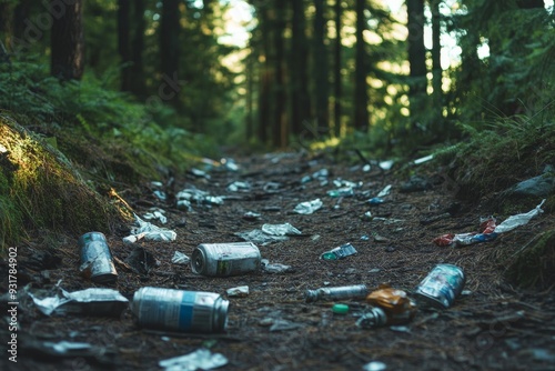 Littered Forest Trail with Food Packaging and Cans with Copy Space photo