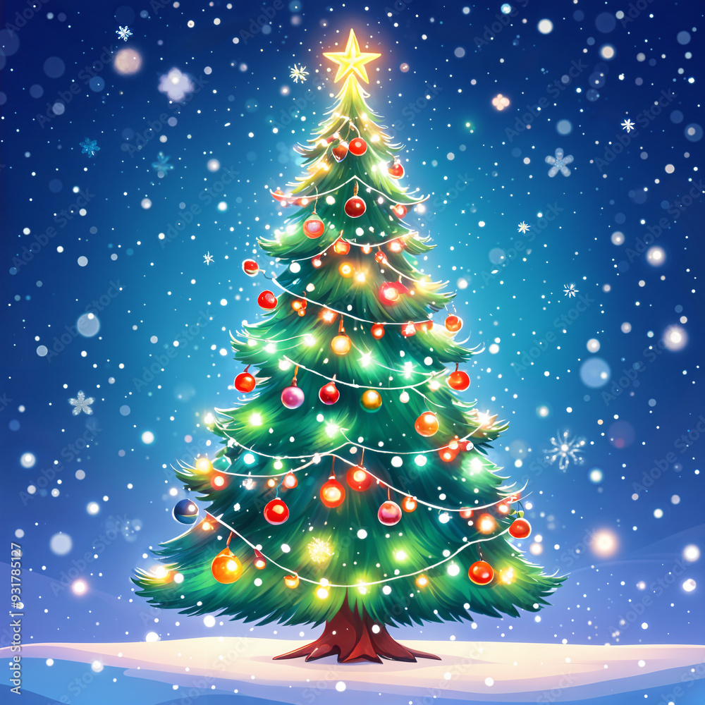 Vibrant, illuminated Christmas tree with red ornaments and a golden star on top, set against a backdrop of a dark blue sky filled with falling snowflakes. Vibrant, illuminated Christmas tree with red ornaments and a golden star on top, set against a backdrop of a dark blue sky filled with falling snowflakes.